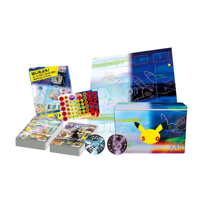 Innehållet i Pokémon 30th Celebration Premium Deck Set: Espeon & Umbreon